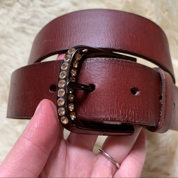 Fossil Classic Cognac Brown Dusty Rose Rhinestone Embellished Buckle Belt M